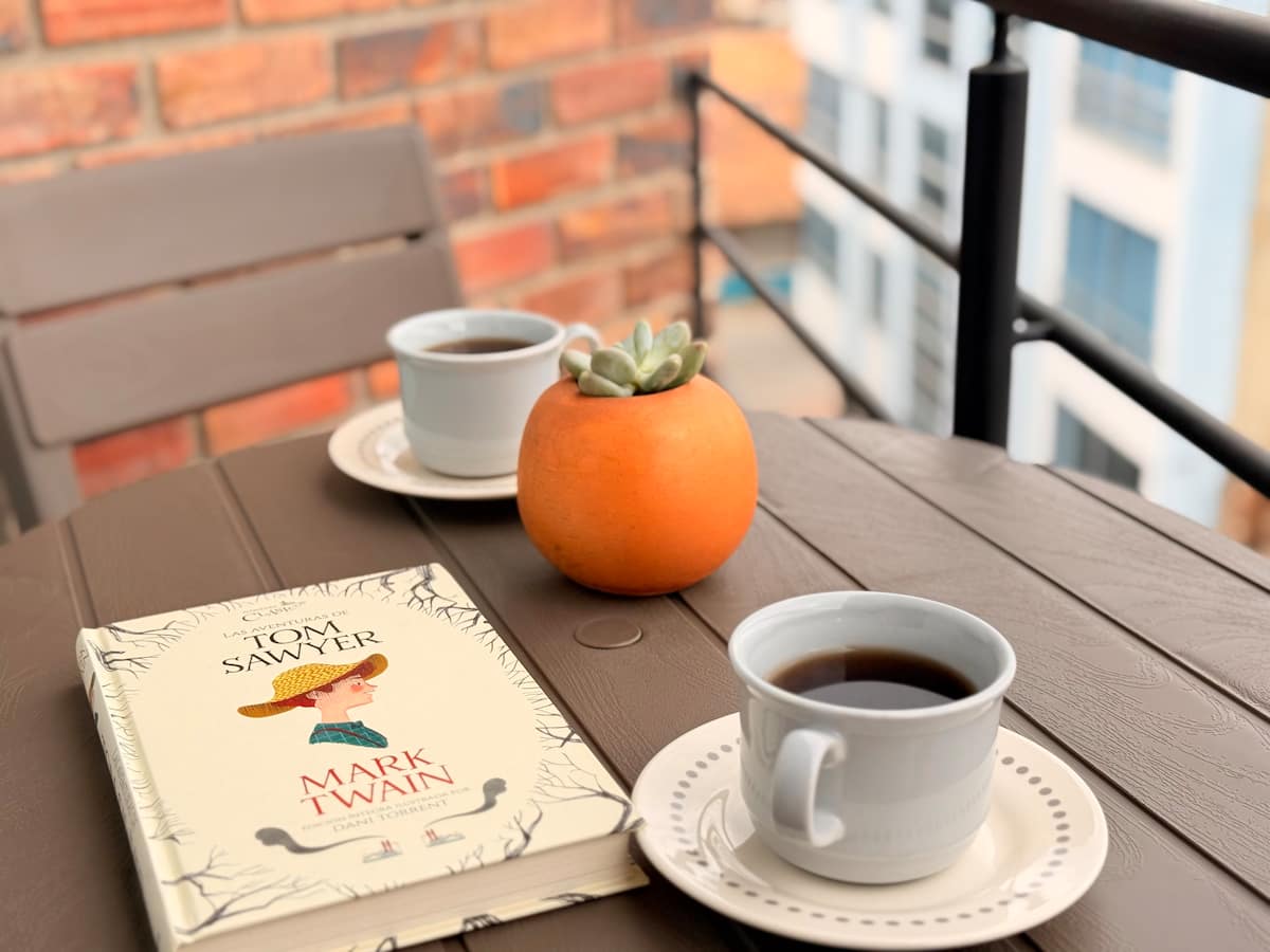 Dos tazas de café, un libro y una suculenta sobre la mesa del balcón en ladrillo